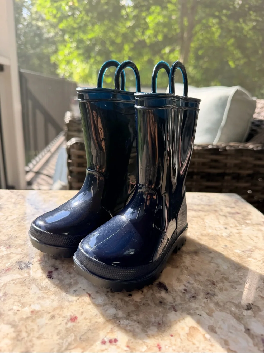 Kids Glossy Navy Rain Boots with Easy Pull Loops